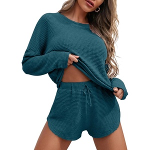 image:imageEkouaer Womens Waffle Knit Pajama Sets Long Sleeve Top and Shorts Matching Lounge Set Loungewear Sweatsuit with PocketsBlue and Green