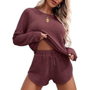 image:imageEkouaer Womens Waffle Knit Pajama Sets Long Sleeve Top and Shorts Matching Lounge Set Loungewear Sweatsuit with PocketsBurgundy