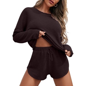 image:imageEkouaer Womens Waffle Knit Pajama Sets Long Sleeve Top and Shorts Matching Lounge Set Loungewear Sweatsuit with PocketsChestnut