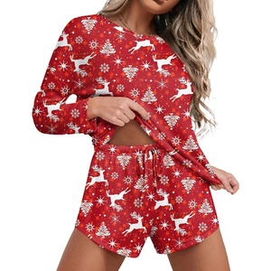 image:imageEkouaer Womens Waffle Knit Pajama Sets Long Sleeve Top and Shorts Matching Lounge Set Loungewear Sweatsuit with PocketsChristmas Reindeer