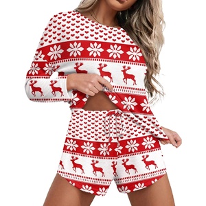 image:imageEkouaer Womens Waffle Knit Pajama Sets Long Sleeve Top and Shorts Matching Lounge Set Loungewear Sweatsuit with PocketsChristmasdeer