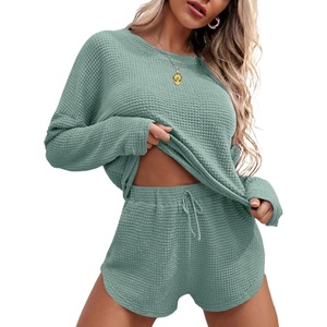 image:imageEkouaer Womens Waffle Knit Pajama Sets Long Sleeve Top and Shorts Matching Lounge Set Loungewear Sweatsuit with PocketsGreen