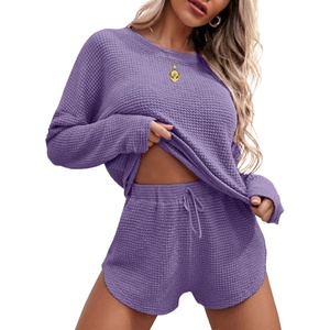 image:imageEkouaer Womens Waffle Knit Pajama Sets Long Sleeve Top and Shorts Matching Lounge Set Loungewear Sweatsuit with PocketsLilac
