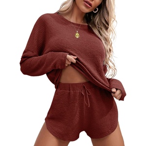 image:imageEkouaer Womens Waffle Knit Pajama Sets Long Sleeve Top and Shorts Matching Lounge Set Loungewear Sweatsuit with PocketsMaroon