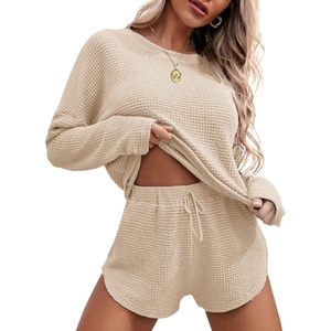 image:imageEkouaer Womens Waffle Knit Pajama Sets Long Sleeve Top and Shorts Matching Lounge Set Loungewear Sweatsuit with PocketsNude