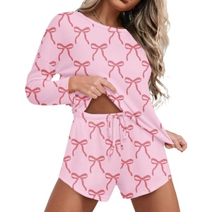 image:imageEkouaer Womens Waffle Knit Pajama Sets Long Sleeve Top and Shorts Matching Lounge Set Loungewear Sweatsuit with PocketsPink Bow