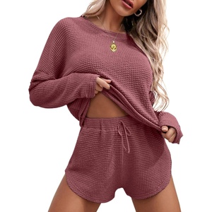 image:imageEkouaer Womens Waffle Knit Pajama Sets Long Sleeve Top and Shorts Matching Lounge Set Loungewear Sweatsuit with PocketsPurplish Red