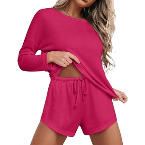 image:imageEkouaer Womens Waffle Knit Pajama Sets Long Sleeve Top and Shorts Matching Lounge Set Loungewear Sweatsuit with PocketsRose Pink