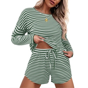 image:imageEkouaer Womens Waffle Knit Pajama Sets Long Sleeve Top and Shorts Matching Lounge Set Loungewear Sweatsuit with PocketsStripeswhitegreen