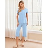 image:imageEkouaer 2 Pack Womens Pajamas Set Short Sleeve Sleepwear Capri Pants Pjs Soft Loungewear with PocketsBlue PlaidPurple Stripe