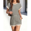 image:imageEkouaer 2 Piece Sets for Women Summer Outfits Cute Stripe Knit T Shirts Shorts Matching Lounge SetBeige Striped
