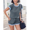 image:imageEkouaer 2 Piece Sets for Women Summer Outfits Cute Stripe Knit T Shirts Shorts Matching Lounge SetBlack Blue Striped