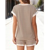 image:imageEkouaer 2 Piece Sets for Women Summer Outfits Cute Stripe Knit T Shirts Shorts Matching Lounge SetBrown Striped
