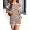 image:imageEkouaer 2 Piece Sets for Women Summer Outfits Cute Stripe Knit T Shirts Shorts Matching Lounge SetBrown Striped