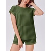 image:imageEkouaer 2 Piece Sets for Women Summer Outfits Cute Stripe Knit T Shirts Shorts Matching Lounge SetGreen Striped