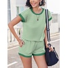 image:imageEkouaer 2 Piece Sets for Women Summer Outfits Cute Stripe Knit T Shirts Shorts Matching Lounge SetGreen White Striped