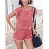 image:imageEkouaer 2 Piece Sets for Women Summer Outfits Cute Stripe Knit T Shirts Shorts Matching Lounge SetHot Pink Striped