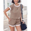 image:imageEkouaer 2 Piece Sets for Women Summer Outfits Cute Stripe Knit T Shirts Shorts Matching Lounge SetKhaki