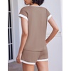 image:imageEkouaer 2 Piece Sets for Women Summer Outfits Cute Stripe Knit T Shirts Shorts Matching Lounge SetKhaki