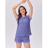 image:imageEkouaer 2 Piece Sets for Women Summer Outfits Cute Stripe Knit T Shirts Shorts Matching Lounge SetPurple Striped