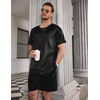 image:imageEkouaer Mens Pajamas Set Silk Satin Pjs Sets Summer Short Sleeve Button Down Sleepwear 2 Piece Loungewear with PocketsBlack Small Striped