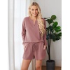 image:imageEkouaer Pajama Set for Women Waffle Knit Lounge Sets Long Sleeve Top and Shorts Sleepwear Matching Loungewear SXXLRose Red