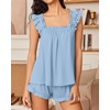 image:imageEkouaer Pajama for Women Set 2 Piece Ruffle Pjs Soft Tank Top and Shorts Sleepwear Set Bridal Pajama Set for WomenLight Blue