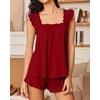 image:imageEkouaer Pajama for Women Set 2 Piece Ruffle Pjs Soft Tank Top and Shorts Sleepwear Set Bridal Pajama Set for WomenWine Red
