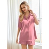 image:imageEkouaer Pajamas for Women Silk Satin Pjs Soft Sleepwear Short Sleeve Button Down Pjs Top and Shorts 2 Piece Lounge Set SXXLDark Pink