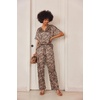 image:imageEkouaer Satin Pajama Set Womens Silk Short Sleeve V Neck Shirt with Long Pant Soft Loungewear Pjs SetApricot Black Leopard