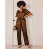 image:imageEkouaer Satin Pajama Set Womens Silk Short Sleeve V Neck Shirt with Long Pant Soft Loungewear Pjs SetBrown