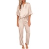 image:imageEkouaer Satin Pajama Set Womens Silk Short Sleeve V Neck Shirt with Long Pant Soft Loungewear Pjs SetChampagne