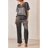 image:imageEkouaer Satin Pajama Set Womens Silk Short Sleeve V Neck Shirt with Long Pant Soft Loungewear Pjs SetDark Grey