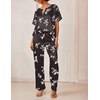 image:imageEkouaer Satin Pajama Set Womens Silk Short Sleeve V Neck Shirt with Long Pant Soft Loungewear Pjs SetFloral Black