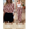 image:imageEkouaer Satin Pajama Set Womens Silk Short Sleeve V Neck Shirt with Long Pant Soft Loungewear Pjs SetFloral Wine Red