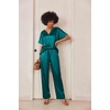 image:imageEkouaer Satin Pajama Set Womens Silk Short Sleeve V Neck Shirt with Long Pant Soft Loungewear Pjs SetGreen