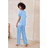 image:imageEkouaer Satin Pajama Set Womens Silk Short Sleeve V Neck Shirt with Long Pant Soft Loungewear Pjs SetLight Blue