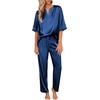 image:imageEkouaer Satin Pajama Set Womens Silk Short Sleeve V Neck Shirt with Long Pant Soft Loungewear Pjs SetNavy Blue