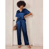 image:imageEkouaer Satin Pajama Set Womens Silk Short Sleeve V Neck Shirt with Long Pant Soft Loungewear Pjs SetNavy Blue