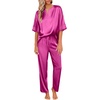 image:imageEkouaer Satin Pajama Set Womens Silk Short Sleeve V Neck Shirt with Long Pant Soft Loungewear Pjs SetPlum