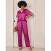 image:imageEkouaer Satin Pajama Set Womens Silk Short Sleeve V Neck Shirt with Long Pant Soft Loungewear Pjs SetPlum