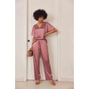 image:imageEkouaer Satin Pajama Set Womens Silk Short Sleeve V Neck Shirt with Long Pant Soft Loungewear Pjs SetPurplish Red