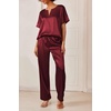 image:imageEkouaer Satin Pajama Set Womens Silk Short Sleeve V Neck Shirt with Long Pant Soft Loungewear Pjs SetWine Red