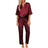 image:imageEkouaer Satin Pajama Set Womens Silk Short Sleeve V Neck Shirt with Long Pant Soft Loungewear Pjs SetWine Red