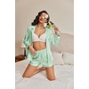 image:imageEkouaer Satin Pajama Set for Women Button Down Pj Set Long Sleeve Top and Shorts 2 Piece Loungewear Summer Soft SleepwearAqua Green