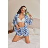 image:imageEkouaer Satin Pajama Set for Women Button Down Pj Set Long Sleeve Top and Shorts 2 Piece Loungewear Summer Soft SleepwearBlue Cashew