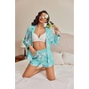 image:imageEkouaer Satin Pajama Set for Women Button Down Pj Set Long Sleeve Top and Shorts 2 Piece Loungewear Summer Soft SleepwearBlue Flowers