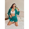 image:imageEkouaer Satin Pajama Set for Women Button Down Pj Set Long Sleeve Top and Shorts 2 Piece Loungewear Summer Soft SleepwearBlue Green