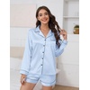 image:imageEkouaer Satin Pajama Set for Women Button Down Pj Set Long Sleeve Top and Shorts 2 Piece Loungewear Summer Soft SleepwearBlue Stripe