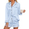 image:imageEkouaer Satin Pajama Set for Women Button Down Pj Set Long Sleeve Top and Shorts 2 Piece Loungewear Summer Soft SleepwearBlue Stripe